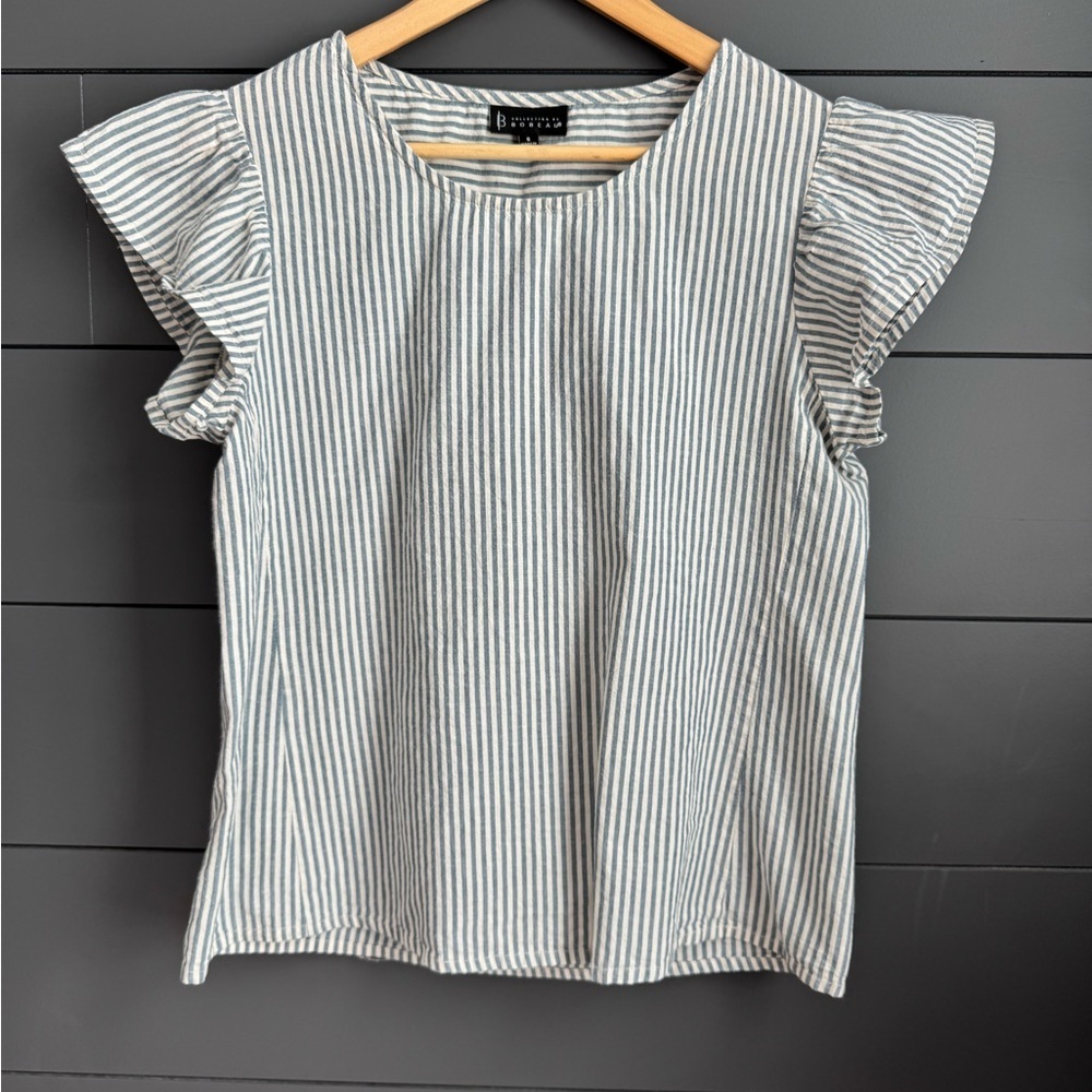 B Collection by Bobeau Blue Striped Flutter Sleeve Blouse Lightweight Feminine